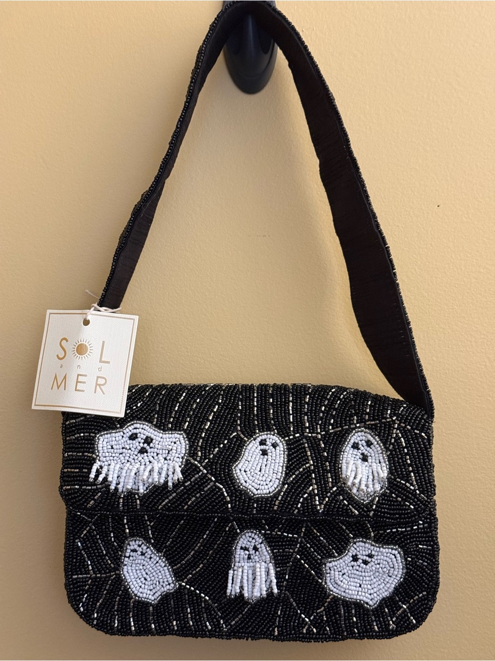 Sol and Mer Handcrafted Black Beaded Bag with White Ghosts ONLY. NWT